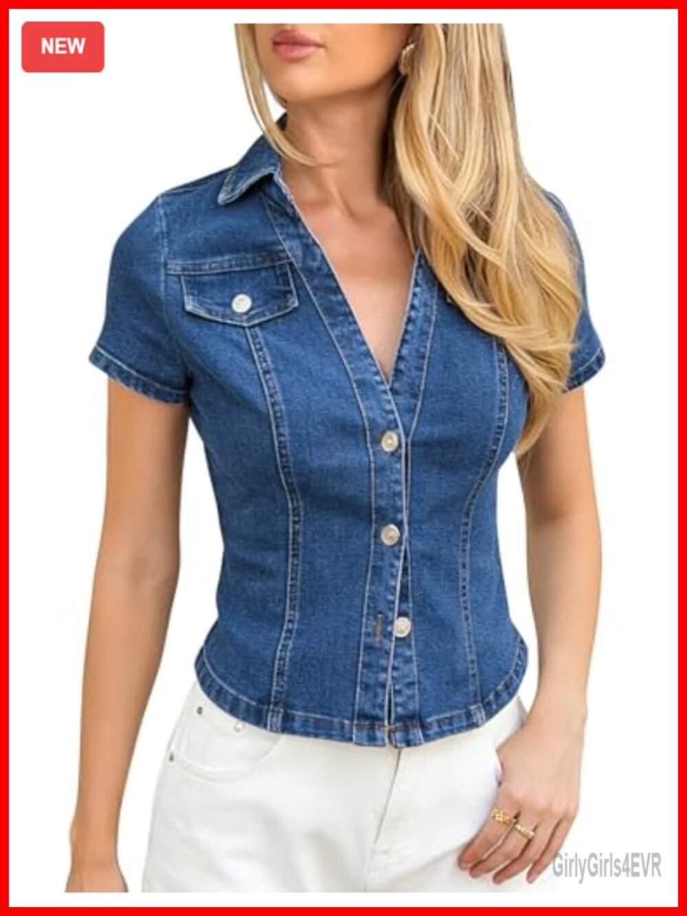 Womens Button Down Denim Shirt Short Sleeve V Neck Slim Fit Jean Top